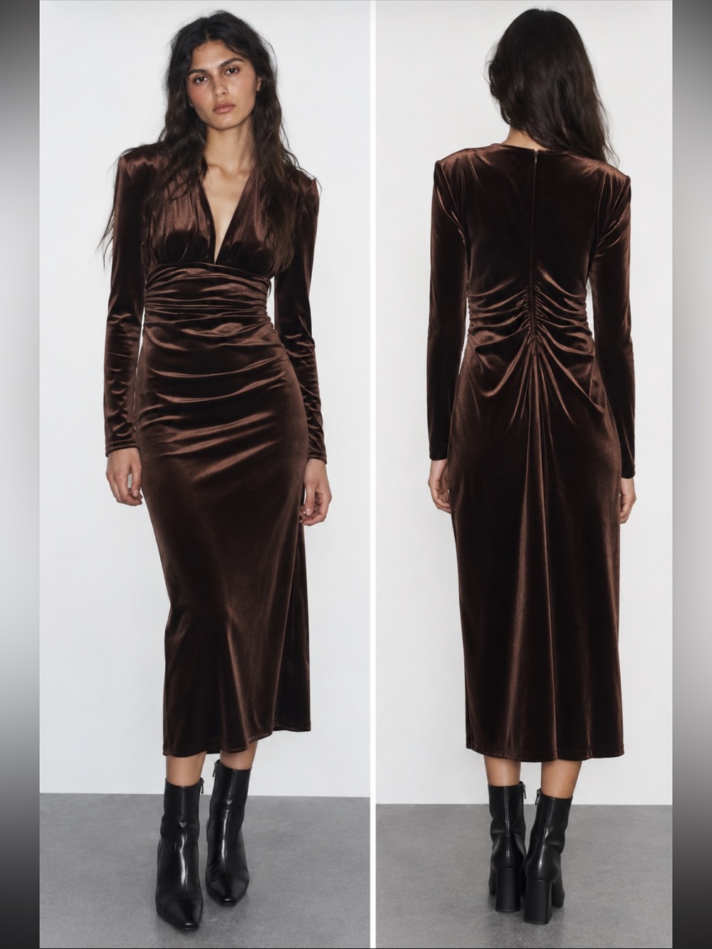 Zara Draped Velvet Midi Dress Dark Brown Size Large NWT 9801/242/716